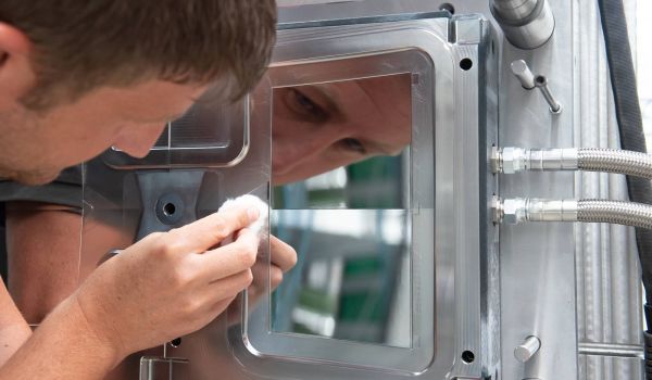 Gefräst mit Kugelfräser: Bauteil mit Hochglanzoberfläche, in dem sich ein Gesicht spiegelt.