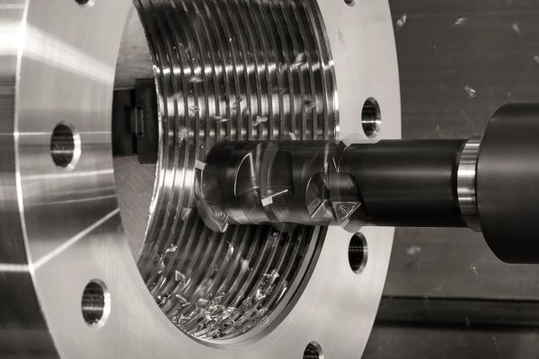 Nahaufnahme einer CNC-Maschine bei der Arbeit, mit sichtbaren Metallspaenen und einem bearbeitenden Werkstueck mit Gewinde.