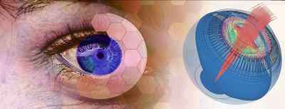 Abbildung eines realen menschlichen Auges überlagert von einem optomechanischen Computermodell