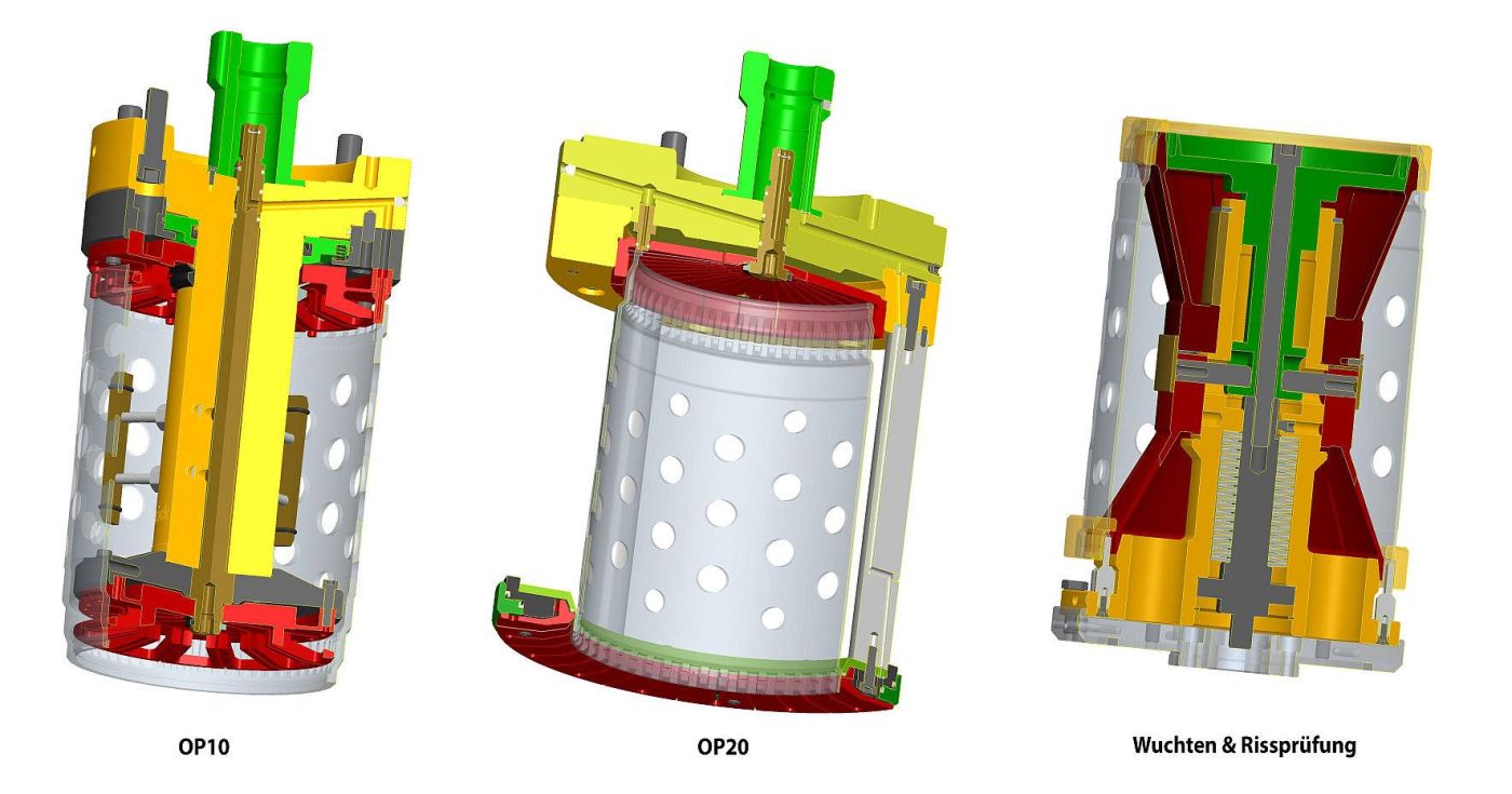 Alle drei Ringspann-Spannsysteme zur Bearbeitung dünnwandiger Getriebetöpfe
