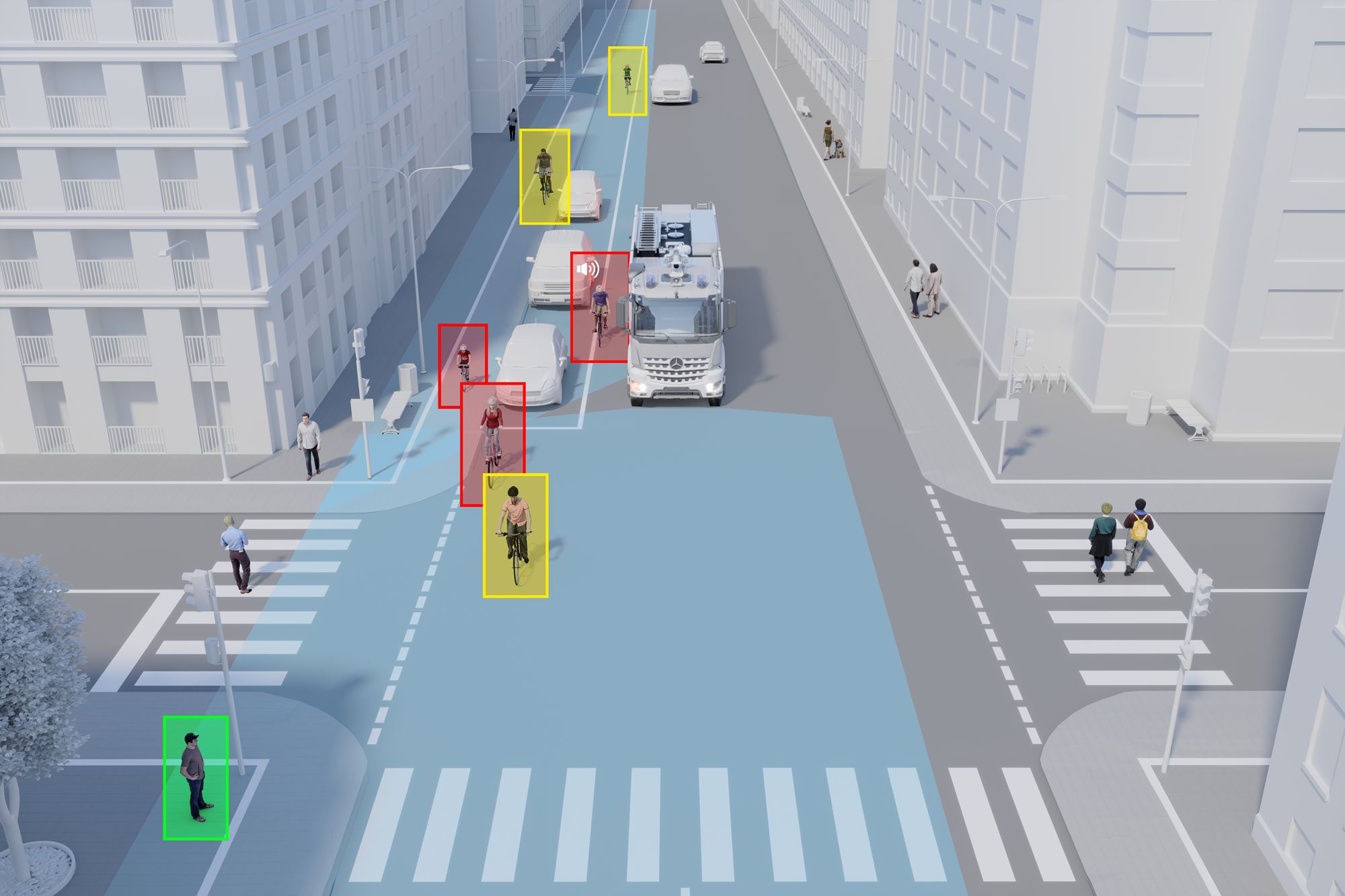 So beurteilt ein Abbiegeassistent die Verkehrssituation und kategorisiert Fahrradfahrer und Fussgänger. So beurteilt ein Abbiegeassistent die Verkehrssituation und kategorisiert Fahrradfahrer und Fussgänger.