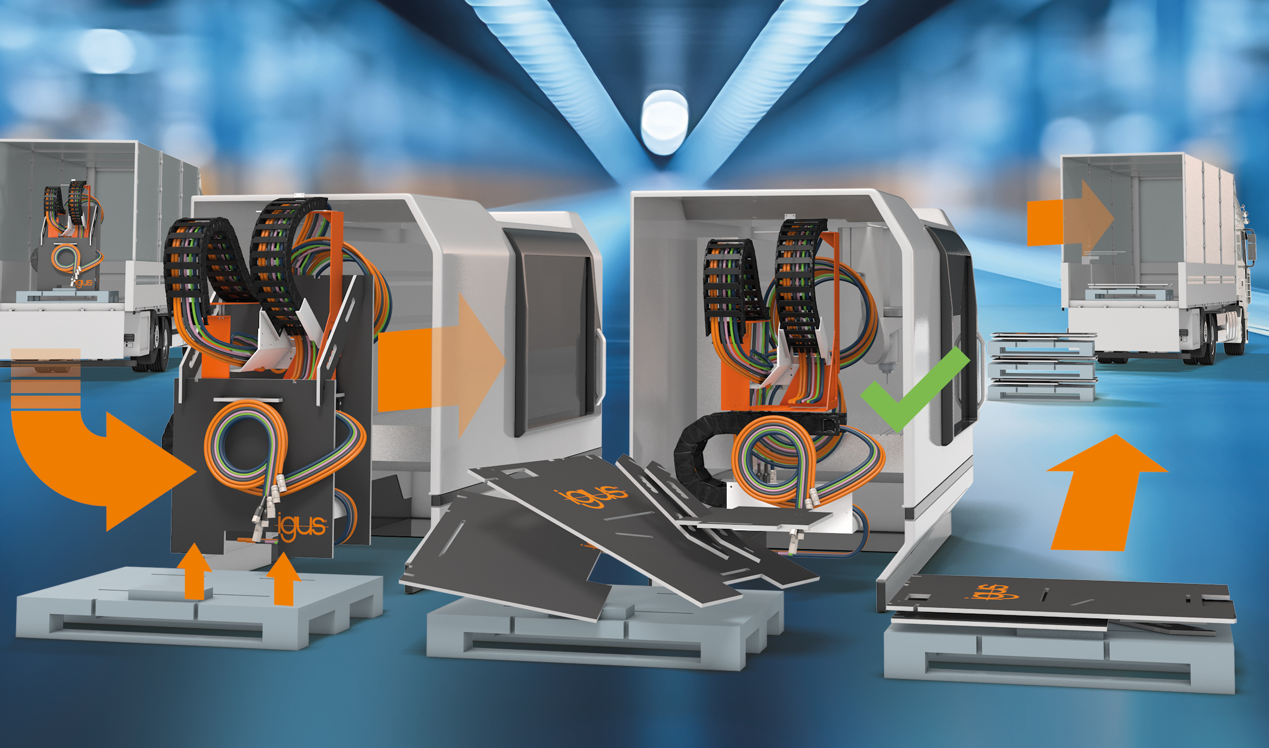 readychain eco-rack von igus spart Transportvolumen Modulares Transportgestell readychain eco-rack von igus für Energiekettensysteme