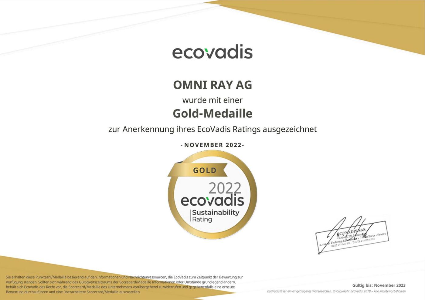 Omni Ray AG wurde von EcoVadis mit einer Goldmedaille ausgezeichnet